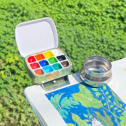 Qianshan Portable Mini Tin Box,12-Well Empty Watercolor Palette,Small Paint Storage Travel Artist Outdoor Sketch Watercolor Kits with Magnetic Clip and Oil Pot .Selva - Image 5