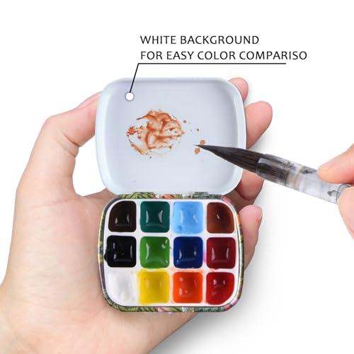 Qianshan Portable Mini Tin Box,12-Well Empty Watercolor Palette,Small Paint Storage Travel Artist Outdoor Sketch Watercolor Kits with Magnetic Clip and Oil Pot .Selva - Image 2
