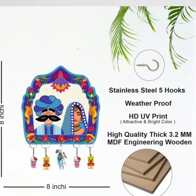 APS ART PLUS STORE Wooden MDF Printd 5 Stainless Steel Hooks Key Holder for Home Decor Rajasthani Design Printed Key Holder 8 X 8 Inch - Image 3
