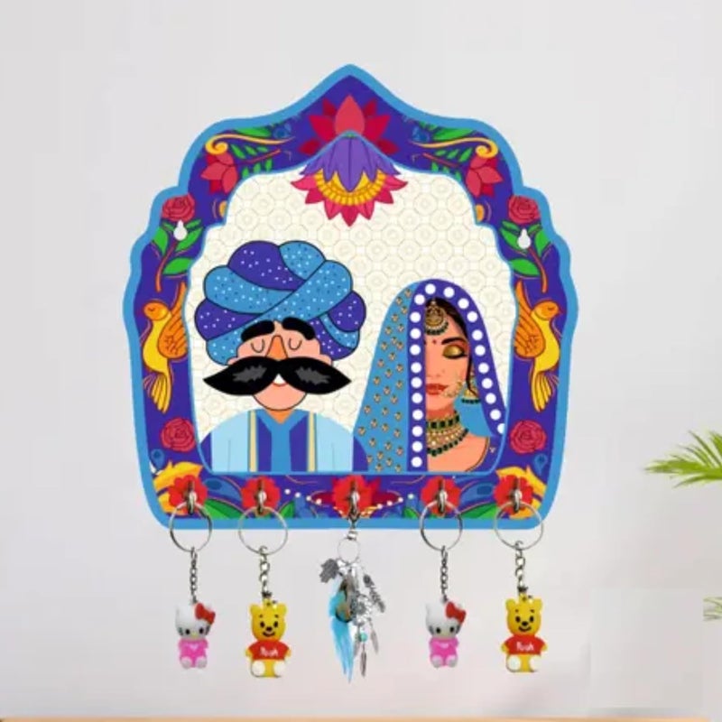 APS ART PLUS STORE Wooden MDF Printd 5 Stainless Steel Hooks Key Holder for Home Decor Rajasthani Design Printed Key Holder 8 X 8 Inch - Image 1