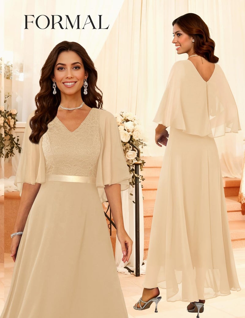 DRESSTELLS Champagne Formal Wedding Guest Dresses, 2026 Spring Mother of Bride Long A-line Bridesmaid Cocktail Party Evening Gala Gowns Maxi Chiffon Gold Dress S - Image 2