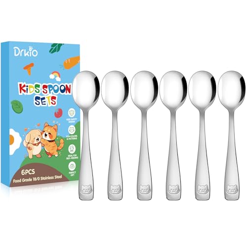 DRKIO Stainless Steel Toddler Spoons Set - 6 Pieces Kids Spoons Set Children Safe Food Grade Kids Silverware Small Spoon Metal Toddler Utensils Dishwasher Safe Mirror Polished - Image 1