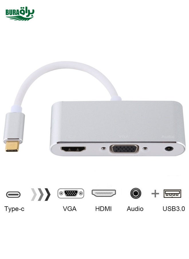 BURAQ USB 2.0 + Audio Port + VGA + HDMI to USB-C / Type-C HUB Adapter (Silver)  - Image 1