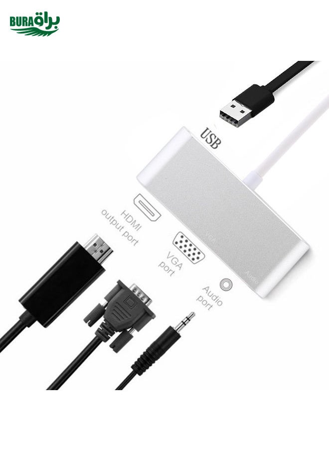 BURAQ USB 2.0 + Audio Port + VGA + HDMI to USB-C / Type-C HUB Adapter (Silver)  - Image 5