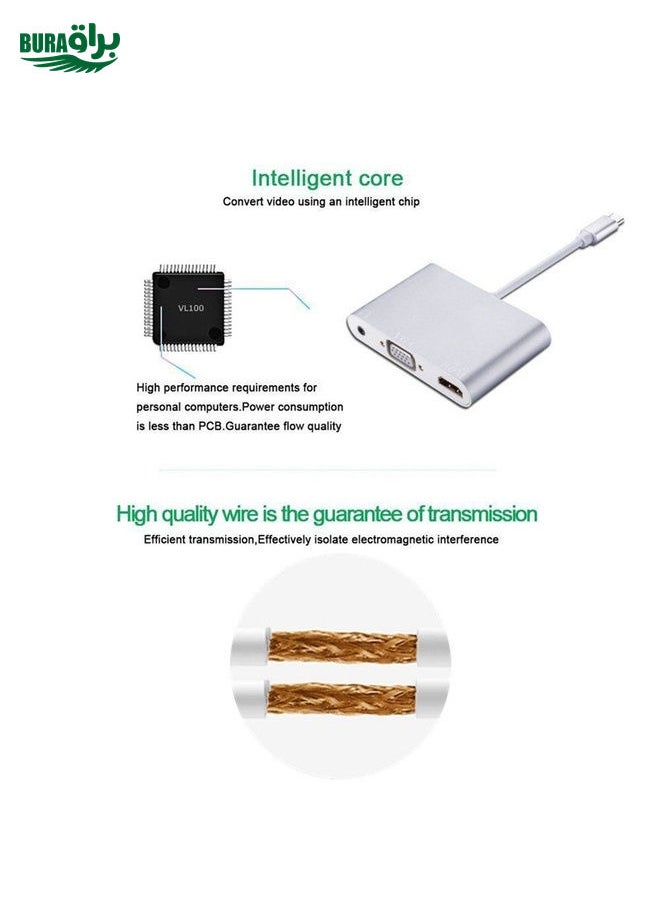 BURAQ - USB 2.0 + Audio Port + VGA + HDMI to USB-C / Type-C HUB Adapter (Silver) - Image 1