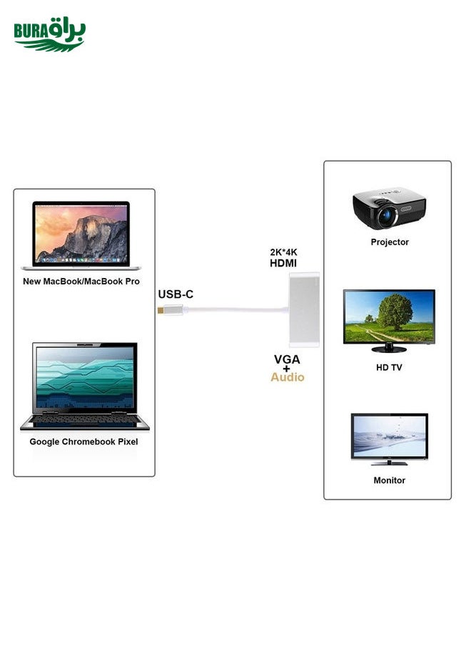 BURAQ - USB 2.0 + Audio Port + VGA + HDMI to USB-C / Type-C HUB Adapter (Silver) - Image 1