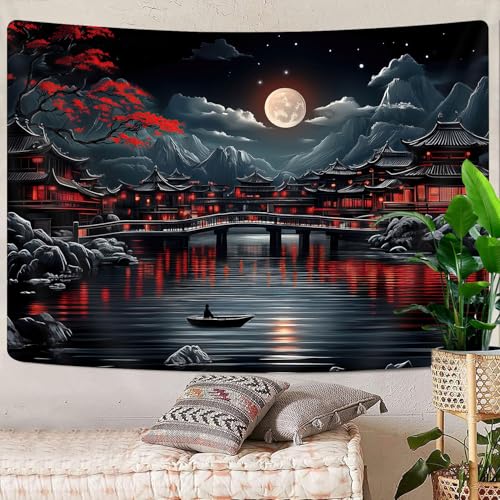 GOAOK Japanese Anime Tapestry, Cool Red and Black Dark Nature Mountain Riverside Full Moon Landscape Aesthetic Tapestry for Men, Asia Japanese Art Tapestries for Bedroom Living Room College, 40"X30" - Image 5