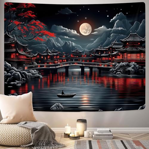 GOAOK Japanese Anime Tapestry, Cool Red and Black Dark Nature Mountain Riverside Full Moon Landscape Aesthetic Tapestry for Men, Asia Japanese Art Tapestries for Bedroom Living Room College, 40"X30" - Image 3
