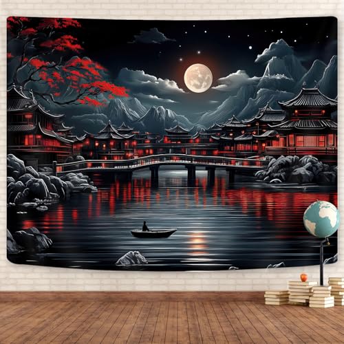 GOAOK Japanese Anime Tapestry, Cool Red and Black Dark Nature Mountain Riverside Full Moon Landscape Aesthetic Tapestry for Men, Asia Japanese Art Tapestries for Bedroom Living Room College, 40"X30" - Image 2