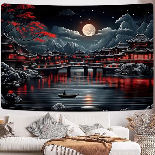 GOAOK Japanese Anime Tapestry, Cool Red and Black Dark Nature Mountain Riverside Full Moon Landscape Aesthetic Tapestry for Men, Asia Japanese Art Tapestries for Bedroom Living Room College, 40"X30" - Image 4
