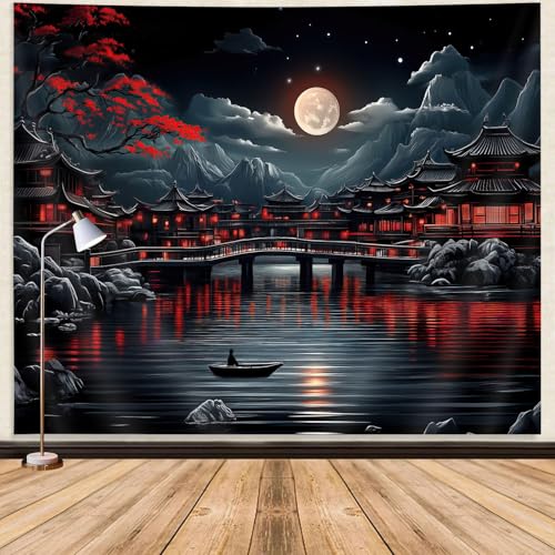 GOAOK Japanese Anime Tapestry, Cool Red and Black Dark Nature Mountain Riverside Full Moon Landscape Aesthetic Tapestry for Men, Asia Japanese Art Tapestries for Bedroom Living Room College, 40"X30" - Image 1