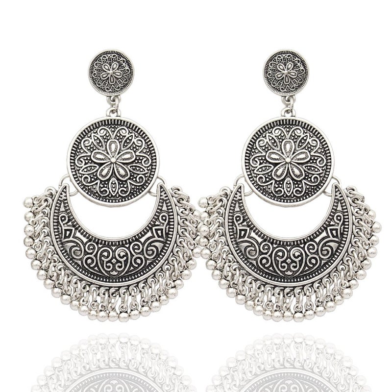 RechicGu RechicGu Vintage Silver Ethnic Bali Jhumka Jhumki Lotus Mexico Gypsy Dangle Earrings Traditional Ear Studs with Gift Box  - Image 1