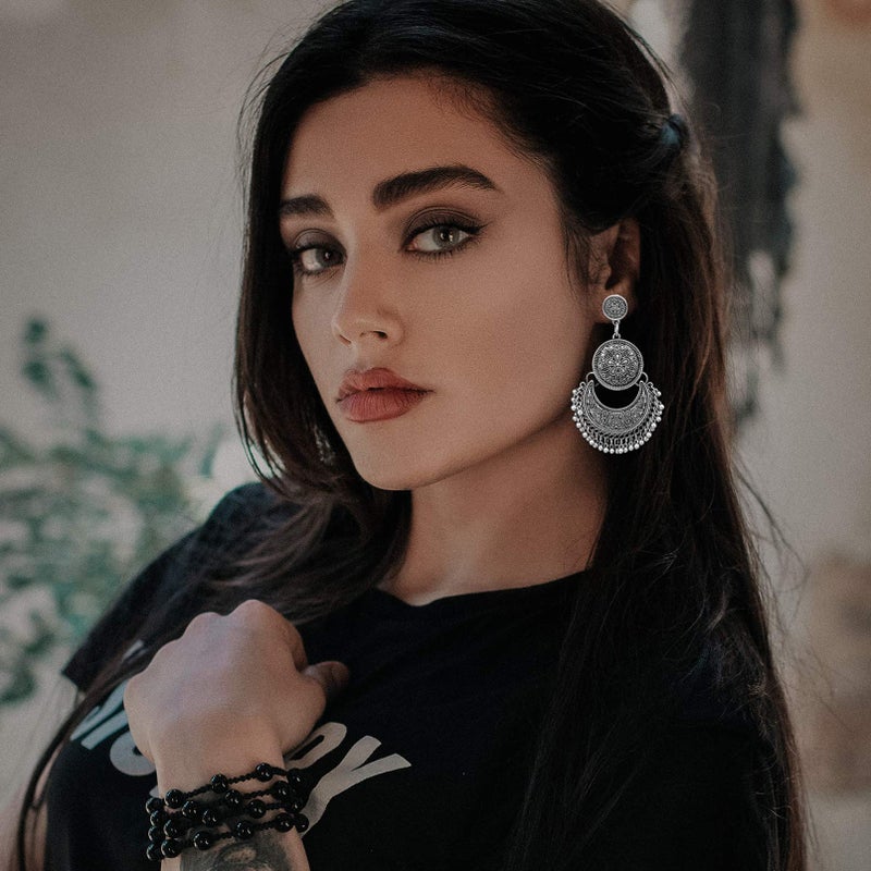 RechicGu RechicGu Vintage Silver Ethnic Bali Jhumka Jhumki Lotus Mexico Gypsy Dangle Earrings Traditional Ear Studs with Gift Box  - Image 2