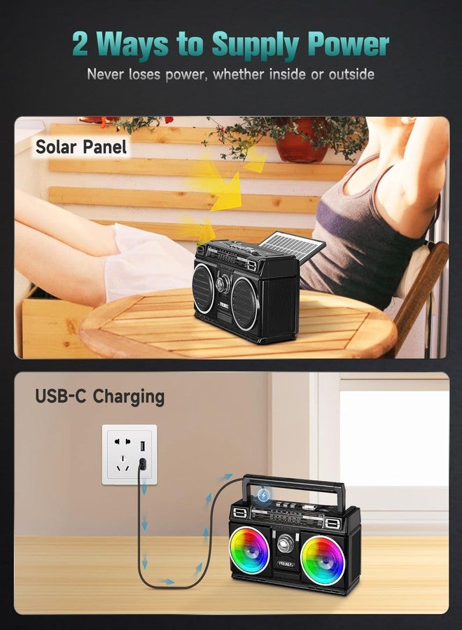 PRUNUS 750 AM FM Radio Portable with Bluetooth Speaker, USB TF Card Playing, Solar/USB-C Rechargeable Radio, Double Speaker, Colorful Light, Transistor Radios Portable AM FM, Bluetooth Radio - Image 5