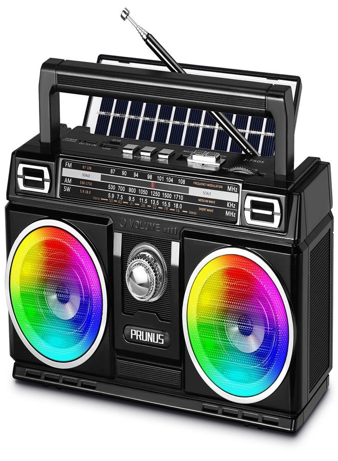 PRUNUS 750 AM FM Radio Portable with Bluetooth Speaker, USB TF Card Playing, Solar/USB-C Rechargeable Radio, Double Speaker, Colorful Light, Transistor Radios Portable AM FM, Bluetooth Radio - Image 1