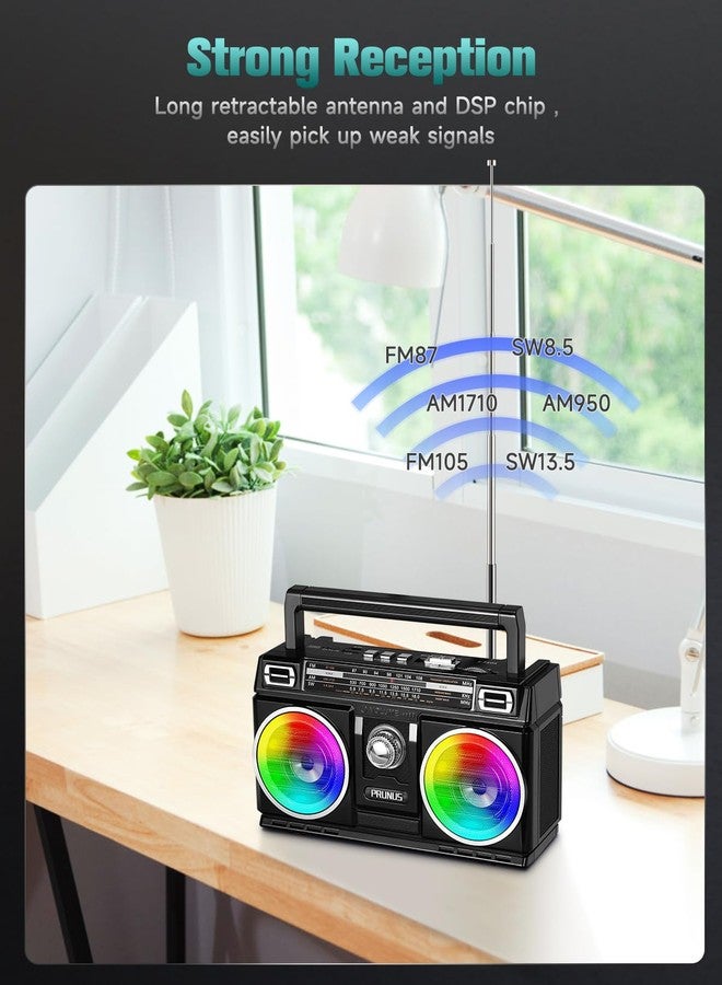 PRUNUS 750 AM FM Radio Portable with Bluetooth Speaker, USB TF Card Playing, Solar/USB-C Rechargeable Radio, Double Speaker, Colorful Light, Transistor Radios Portable AM FM, Bluetooth Radio - Image 4