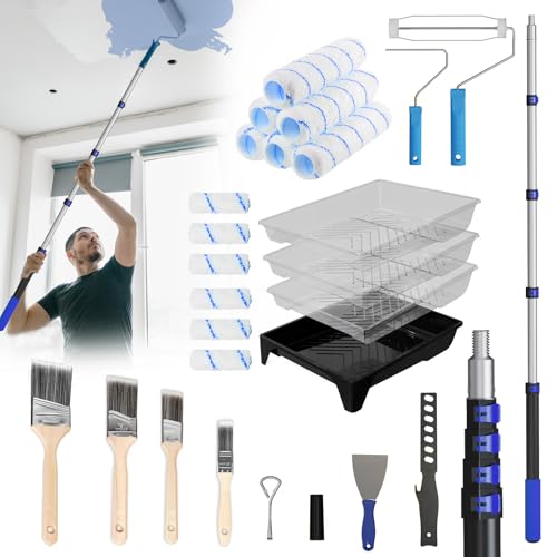 SKGPOLE Paint Roller Kit with 4.4FT Telescoping Extension Pole, 27 PCS Paint Brushes Kit, 4" 9" Paint Roller, Paint Trays, Paint Roller Frame, Scraper for Home Interior, Painting Walls, Ceiling, House - Image 1