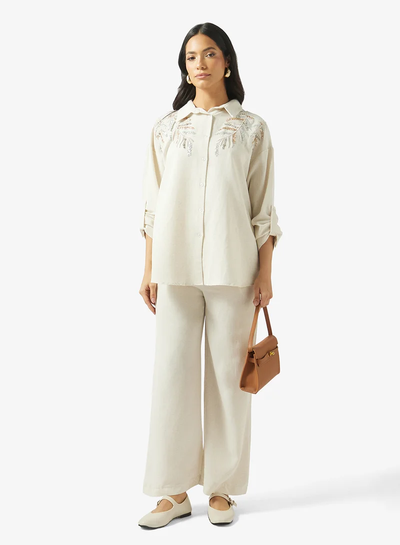 Fyor  Embroidered Shirt & Wide-Leg Pants Co-Ord Set for Women | Best Price UAE