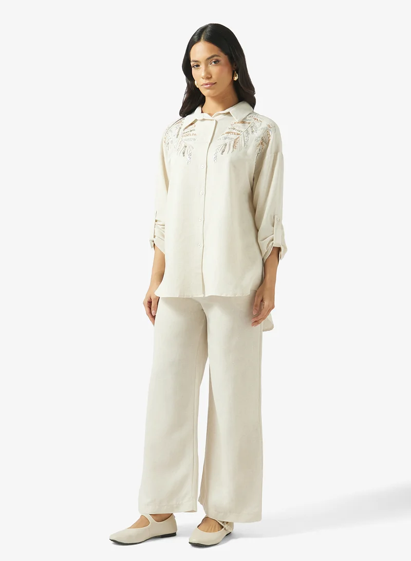 Embroidered Shirt & Wide-Leg Pants Co-Ord Set