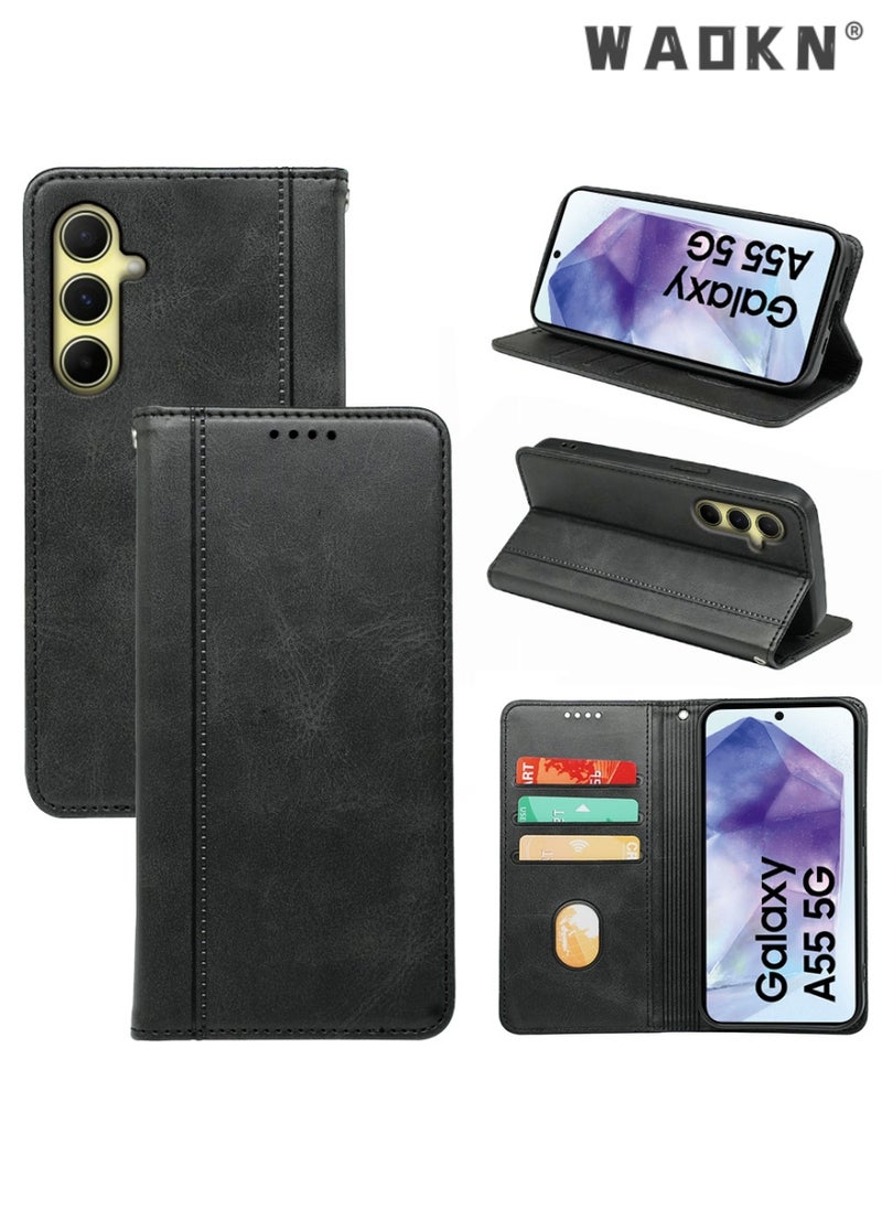 WAOKN Samsung Galaxy A55 5G Wallet Case 6.6 Inch, Leather Wallet Phone Case,PU Leather Flip Folio Phone Case with Card Holders RFID Blocking Kickstand [Shockproof TPU Inner Shell] (Black)  - Image 1