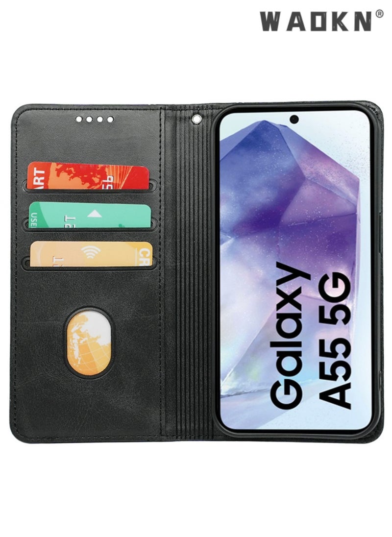 WAOKN Samsung Galaxy A55 5G Wallet Case 6.6 Inch, Leather Wallet Phone Case,PU Leather Flip Folio Phone Case with Card Holders RFID Blocking Kickstand [Shockproof TPU Inner Shell] (Black)  - Image 4