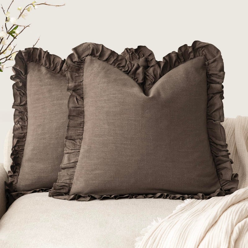 Foindtower Set of 2 Decorative Soild Fringe Ruffle Throw Pillow Covers Soft Boho Farmhouse Cushion Cover Cozy Accent Retro Pillowcase for Couch Sofa Bed Living Room Home Decor,18×18 Inch,Dark Brown - Image 1