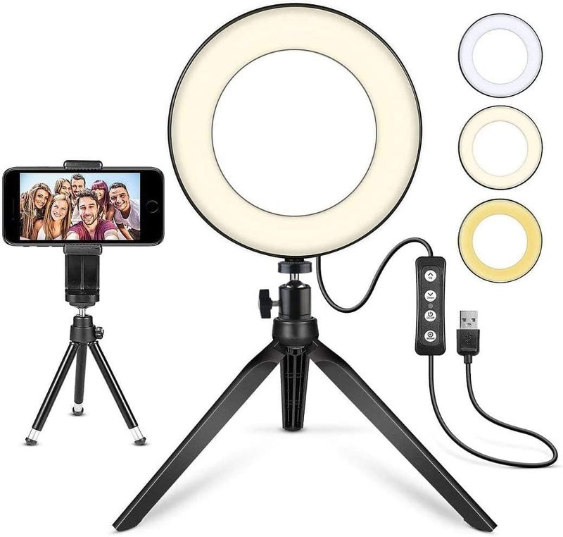 MACTREM LED Ring Light 6" with Tripod Stand for Desk YouTube Video and Makeup, Mini Camera Light with Cell Phone Holder Desktop LED Lamp with 3 Light Modes & 11 Brightness Level (6 inch) - Image 1