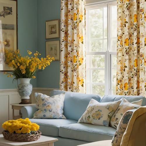 OMMATO Yellow Velvet Curtains 84 Inch for Living Room Fall Floral Curtain Drapes with Cute Coquette Aesthetic Whimsical Botanical Flower Pattern Anthropologie Modern Bedroom Privacy Window Curtains,2 Panels - Image 3