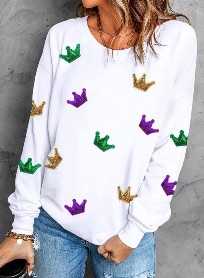 Ecosunny Women's White Mardi Gras Crown Sequined Patch Sweatshirt Round Neck Long Sleeve Casual Print Holiday Tops - Image 2