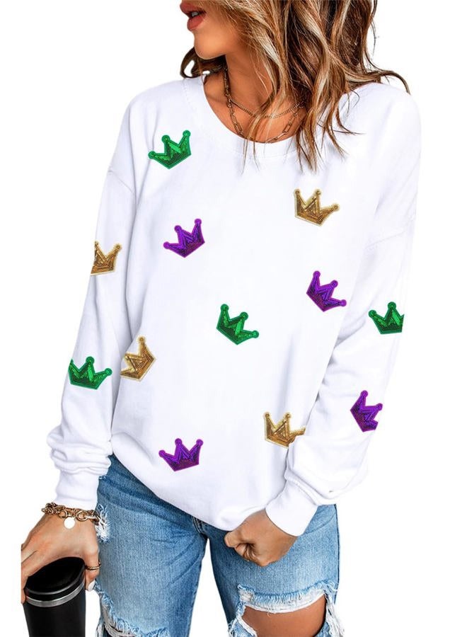 Ecosunny Women's White Mardi Gras Crown Sequined Patch Sweatshirt Round Neck Long Sleeve Casual Print Holiday Tops - Image 1