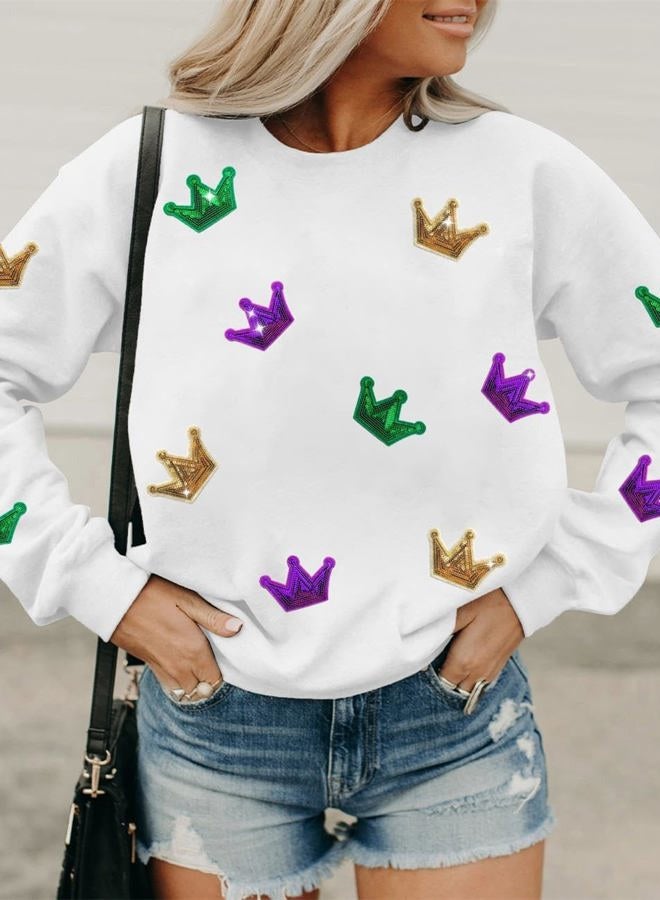 Ecosunny Women's White Mardi Gras Crown Sequined Patch Sweatshirt Round Neck Long Sleeve Casual Print Holiday Tops - Image 3