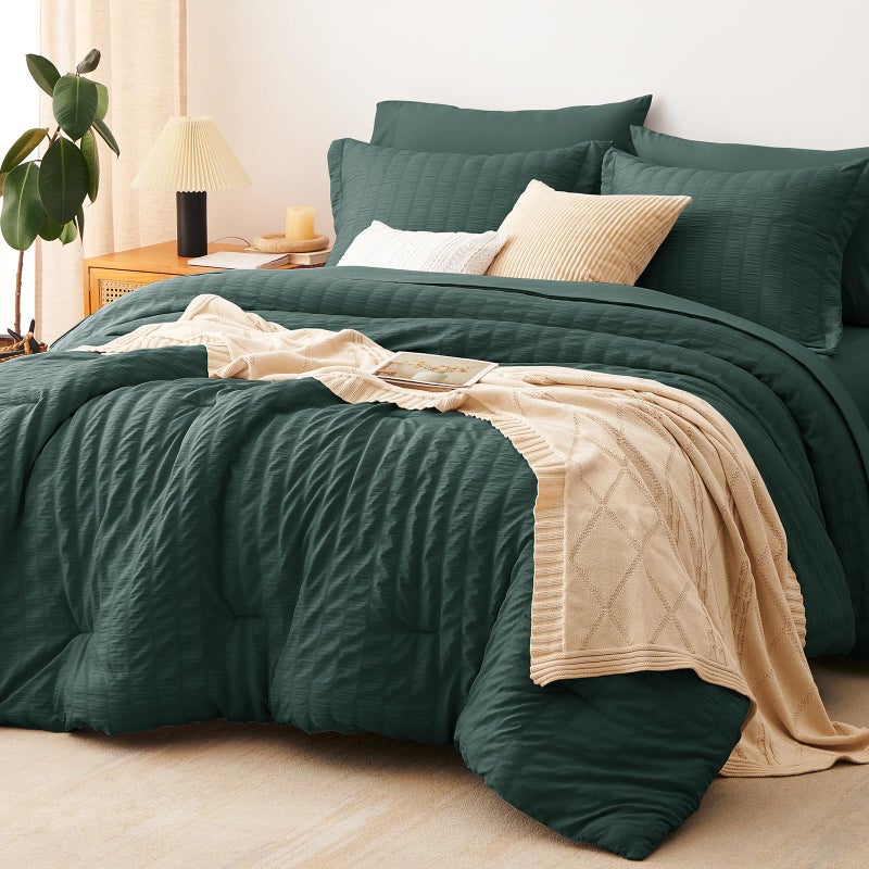 CozyLux Queen Comforter Set Forest Green Seersucker 7 Pieces Bed in a Bag Queen Comforter Set with Sheets, Luxury Bedding Sets with Down Alternative Comforter, Sheets, Pillowcases & Shams All Seasons - Image 1