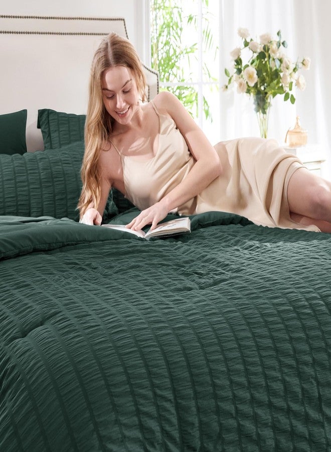 CozyLux Queen Comforter Set Forest Green Seersucker 7 Pieces Bed in a Bag Queen Comforter Set with Sheets, Luxury Bedding Sets with Down Alternative Comforter, Sheets, Pillowcases & Shams All Seasons - Image 3