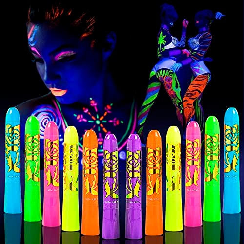 12 Pcs Glow in The Dark Face Body Paint UV Black Light Glow Makeup Kit for Kids Adult NonToxic Fluorescent Face Paints Crayons for Birthday Party Halloween Masquerade Makeup