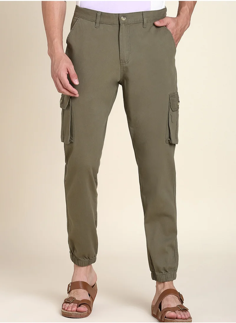 دينيس لينغو Light Olive Slim Fit Solid Trouser for Men - Cotton Blend, Full Length, Button & Zip, Mid Rise, Casual