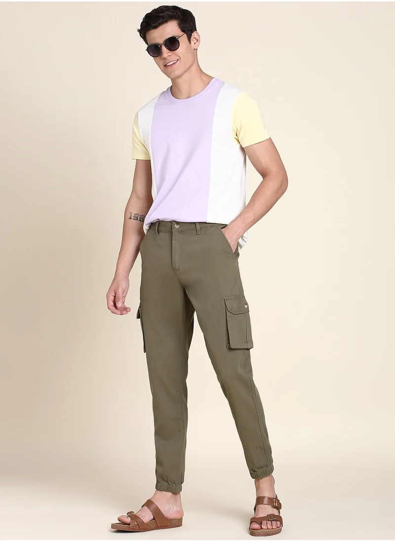 دينيس لينغو Light Olive Slim Fit Solid Trouser for Men - Cotton Blend, Full Length, Button & Zip, Mid Rise, Casual