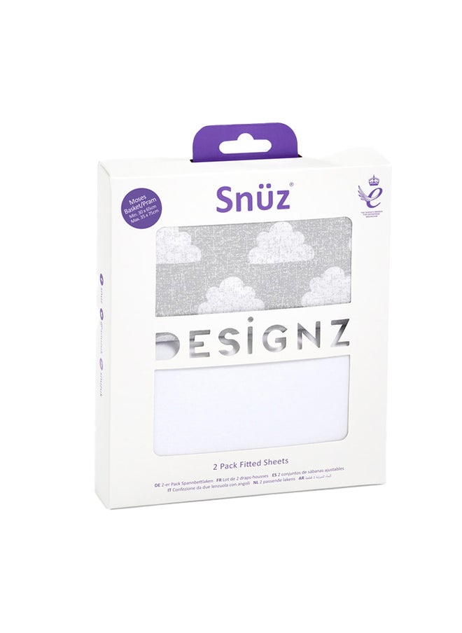 Snuz - Pack of 2 Pod Moses Basket/Pram Fitted Sheet Fits Both Moses Basket And Pram, Long - Lasting Quality, Infant And Baby Toddler/ Kids, Patterncloud Nine, Fitted Sheet Size - 35X75Cm - Image 1