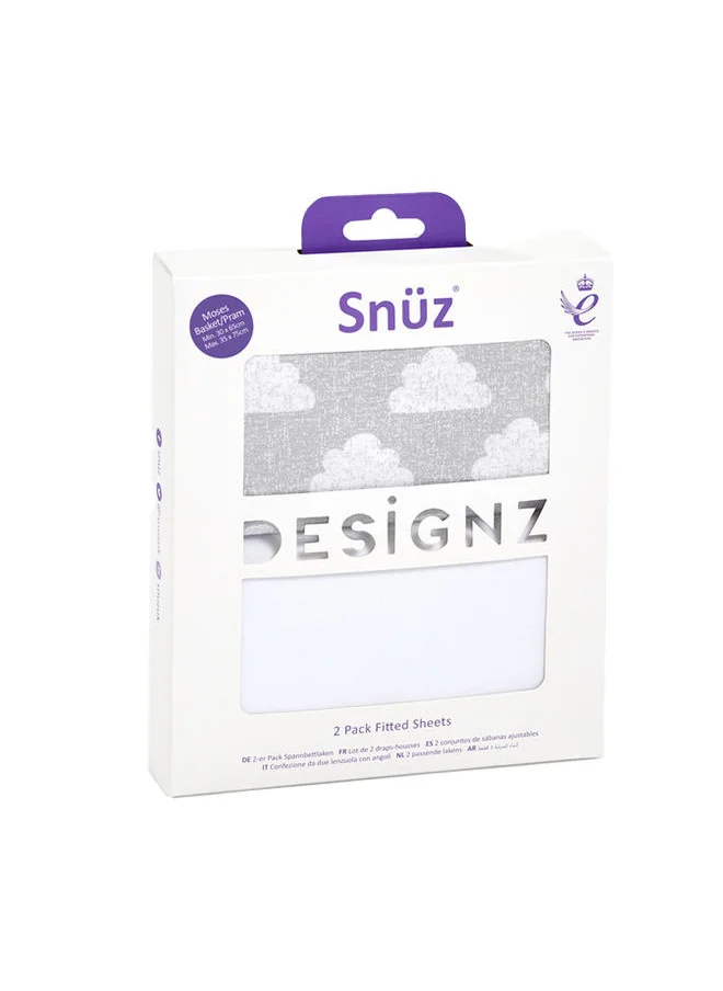 Snuz Pack of 2 Pod Moses Basket/Pram Fitted Sheet Fits Both Moses Basket And Pram, Long - Lasting Quality, Infant And Baby Toddler/ Kids, Patterncloud Nine, Fitted Sheet Size - 35X75Cm