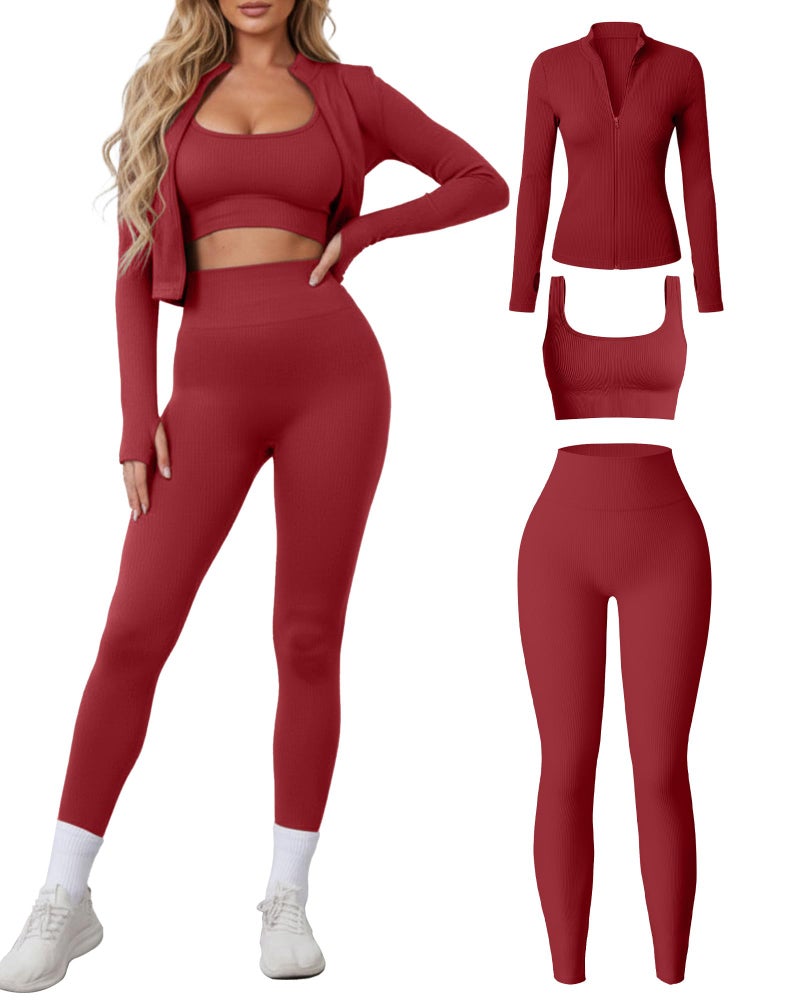 Simlakey Women 3 Piece Seamless Workout Set Sports Bra High Waisted Gym Yoga Leggings Zip Up Jacket with Thumbhole Activewear(Burgundy,Small) - Image 1