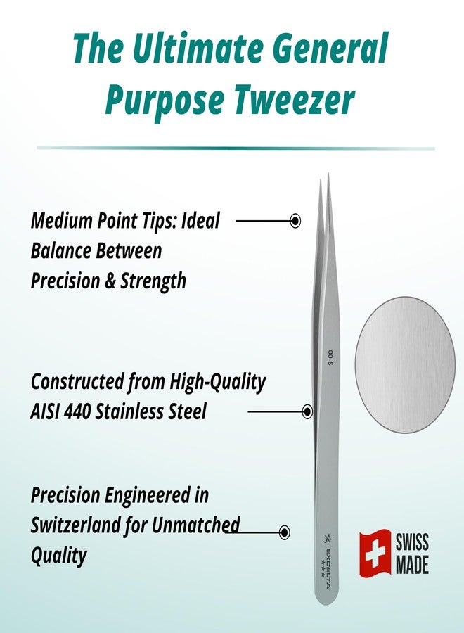 إكسلتا ملقط Excelta 00-S مستقيم متوسط الرأس من الفولاذ المقاوم للصدأ، بطول 4.5 بوصة، موصل، صناعة سويسرية، احترافي - Image 3