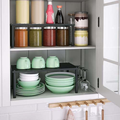 VERTORGAN Cabinet Organizer Shelf(Set of 2),Kitchen Counter Shelves,Bamboo Spice Rack Countertop and Cabinet,Stackable Expandable,Medium(Black) - Image 2