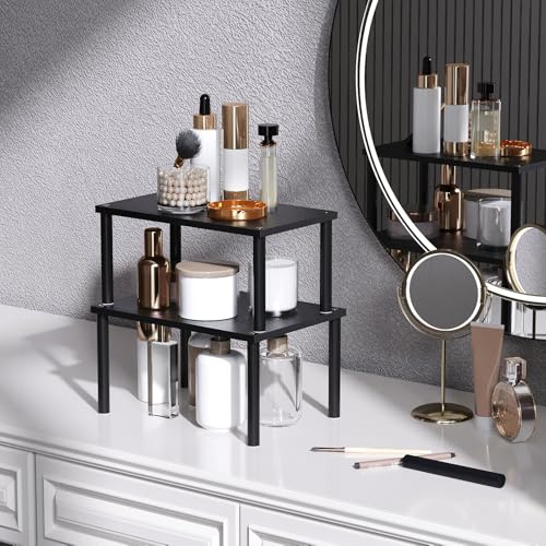 VERTORGAN Cabinet Organizer Shelf(Set of 2),Kitchen Counter Shelves,Bamboo Spice Rack Countertop and Cabinet,Stackable Expandable,Medium(Black) - Image 3
