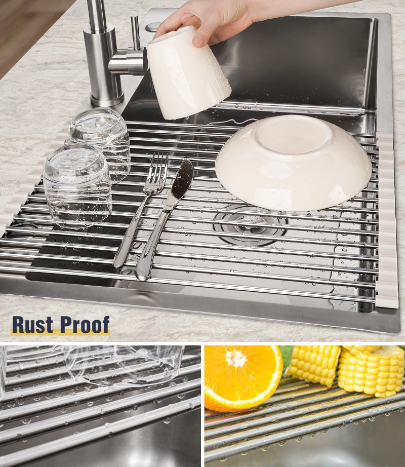 Tomorotec 17.7" x 12.5" Roll Up Dish Drying Rack Over Sink Drying Rack Sink Cover Kitchen Sink Accessories Gadget Multipurpose Organizer Foldable Stainless Steel Drainer - Image 2