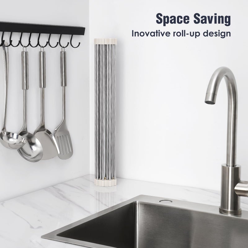 Tomorotec 17.7" x 12.5" Roll Up Dish Drying Rack Over Sink Drying Rack Sink Cover Kitchen Sink Accessories Gadget Multipurpose Organizer Foldable Stainless Steel Drainer - Image 3