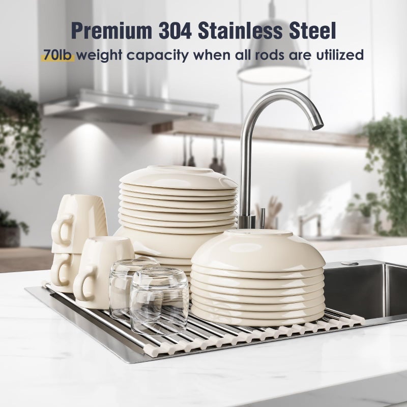 Tomorotec 17.7" x 12.5" Roll Up Dish Drying Rack Over Sink Drying Rack Sink Cover Kitchen Sink Accessories Gadget Multipurpose Organizer Foldable Stainless Steel Drainer - Image 5
