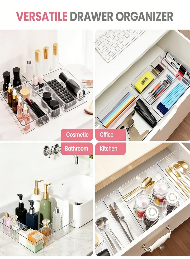 شيك طقم منظم درج بلاستيكي شفاف مكون من 25 قطعة ، 4 أحجام ، صواني تخزين غير قابلة للانزلاق ، مناسبة لتنظيم مستحضرات التجميل ، أدوات غرفة النوم والمطبخ ، أدوات المائدة واللوازم المكتبية. - Image 5