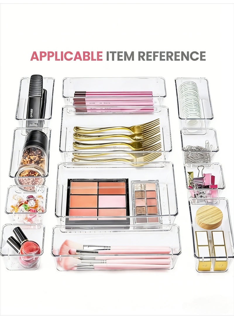 شيك طقم منظم درج بلاستيكي شفاف مكون من 25 قطعة ، 4 أحجام ، صواني تخزين غير قابلة للانزلاق ، مناسبة لتنظيم مستحضرات التجميل ، أدوات غرفة النوم والمطبخ ، أدوات المائدة واللوازم المكتبية. - Image 1