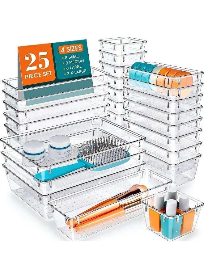 شيك طقم منظم درج بلاستيكي شفاف مكون من 25 قطعة ، 4 أحجام ، صواني تخزين غير قابلة للانزلاق ، مناسبة لتنظيم مستحضرات التجميل ، أدوات غرفة النوم والمطبخ ، أدوات المائدة واللوازم المكتبية. - Image 3