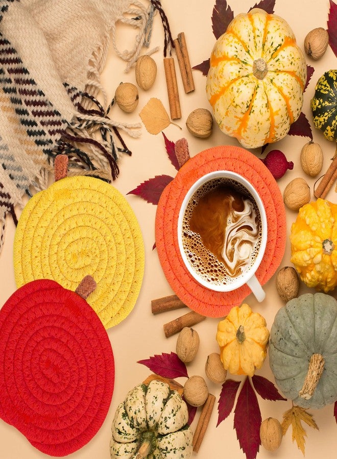 وولاين قواعد أكواب Whaline الخريفية على شكل يقطينة، برتقالية وخضراء، مصنوعة يدويًا من القطن المضفر، قواعد أكواب ماصة للأكواب، مثالية لحفلات الحصاد، ديكور طاولة المنزل، هدية رائعة للمنزل الجديد، مجموعة من 4 قطع - Image 5