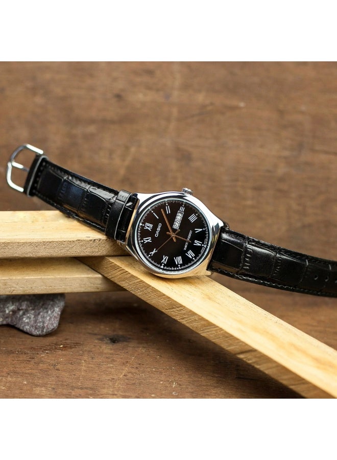 Casio MTP-V006L-1BUDF Men’s Analog Leather Strap Watch – Black Roman Dial, Day-Date, Water Resistant - Image 4